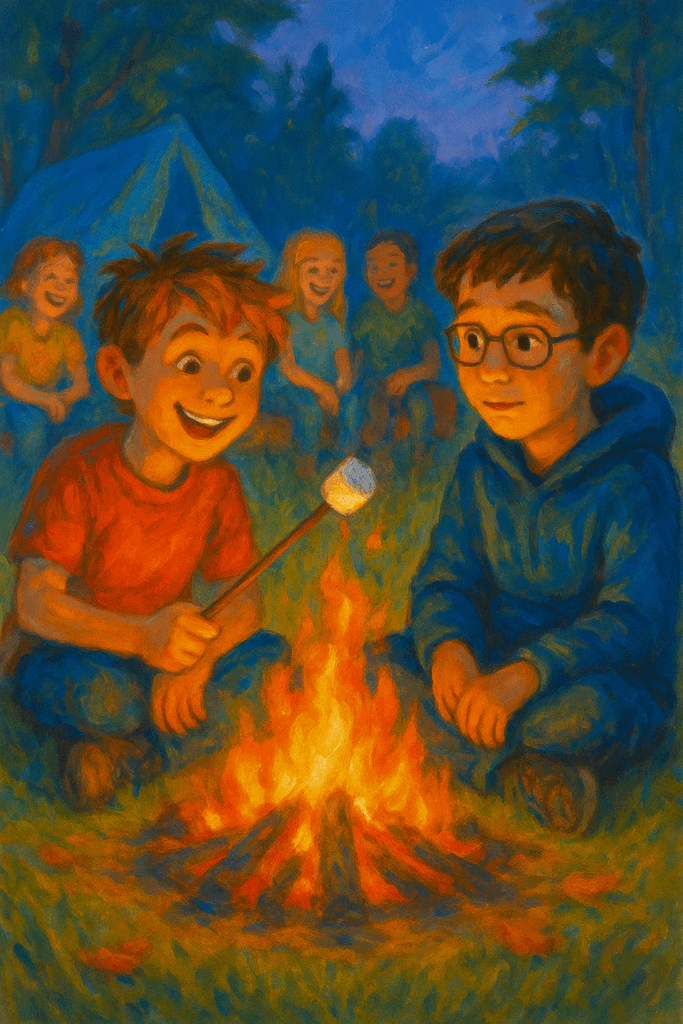 A very short story with moral: Scene 1 - A colorful campsite at twilight with kids gathered around a glowing orange campfire.