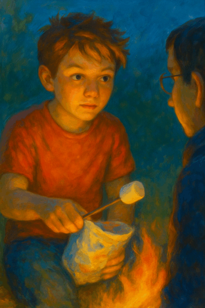 A very short story: Scene 2 - A focused close-up of Max, his hand inside a marshmallow bag, freezing mid-action.