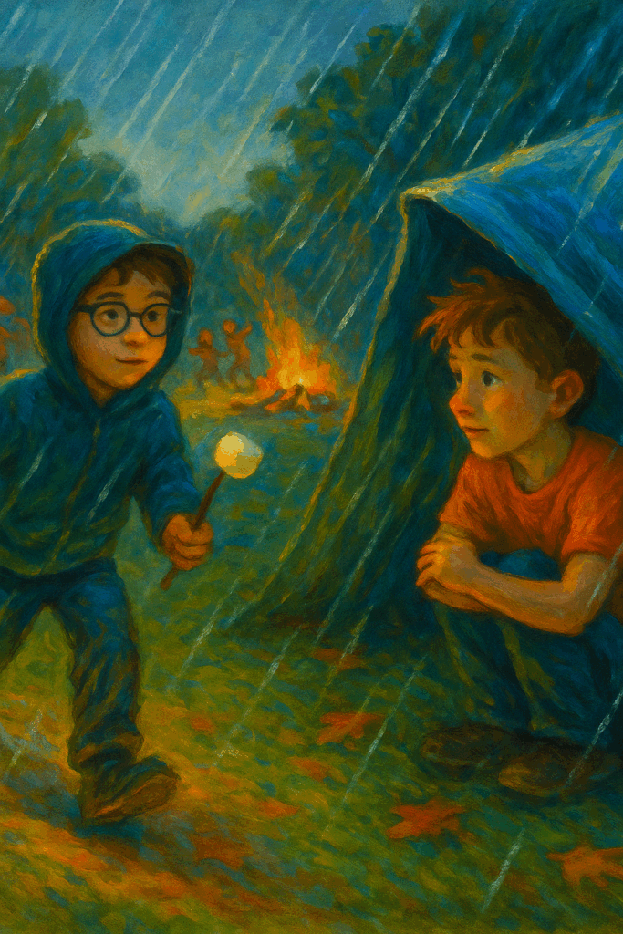 A very short story: Scene 3 - A sudden downpour hits the camp. Kids are scrambling away, laughing and running.