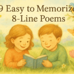 Two children, reading poems in a book sitting in nature surrounded by flowers, trees and birds.