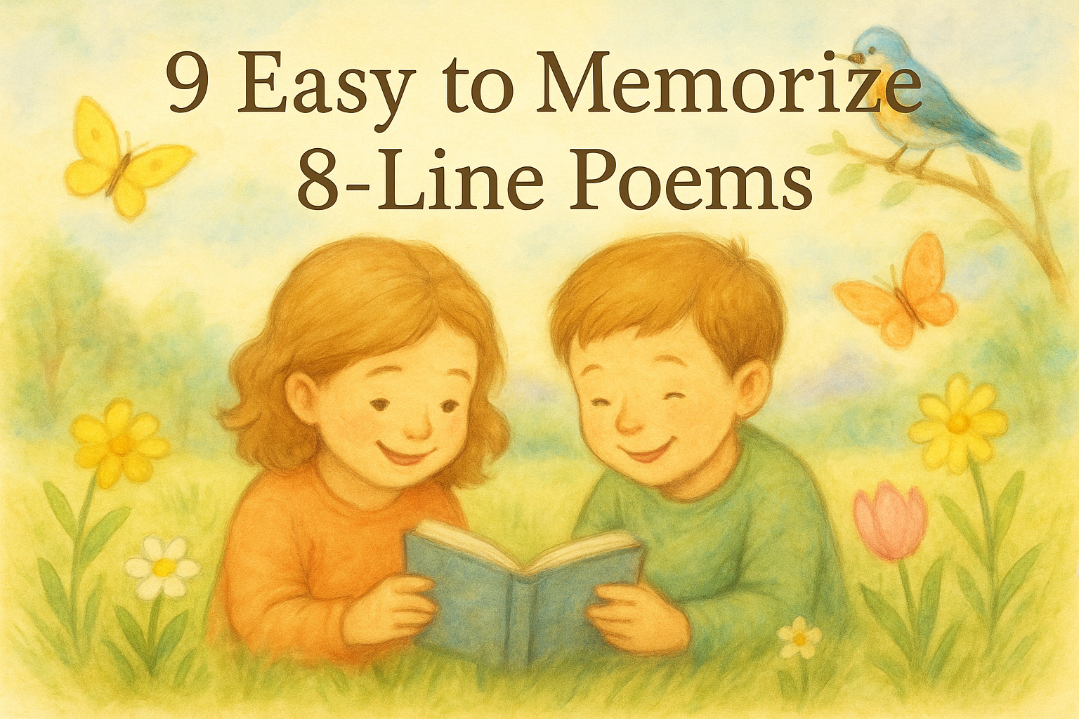 Two children, reading poems in a book sitting in nature surrounded by flowers, trees and birds.
