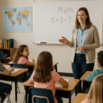 A teacher in a classroom teaching and kids listening attentively.