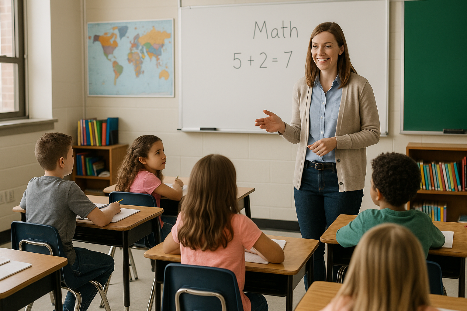 A teacher in a classroom teaching and kids listening attentively.