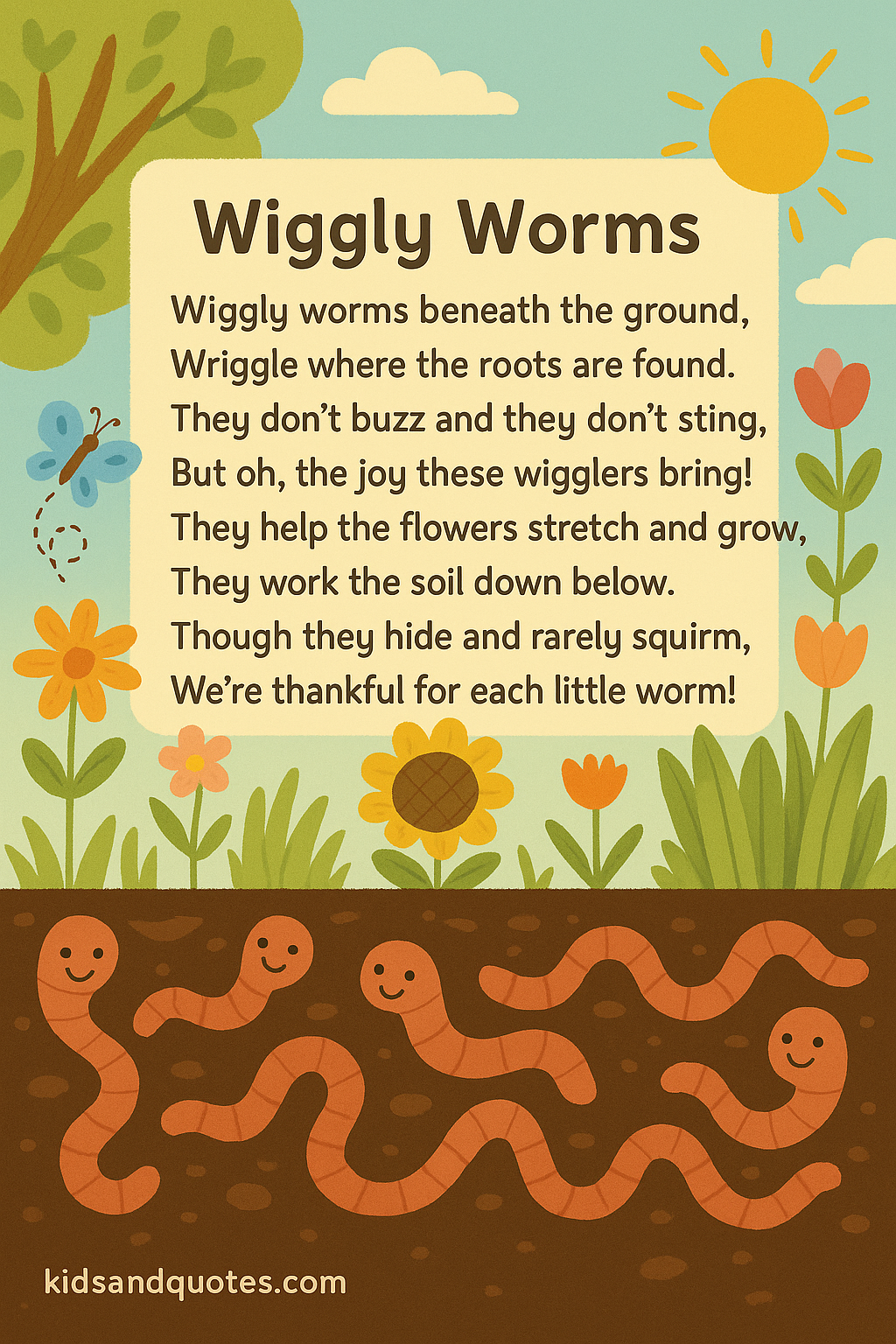Wiggly Worms - An easy 8-line poem to memorize for kids.