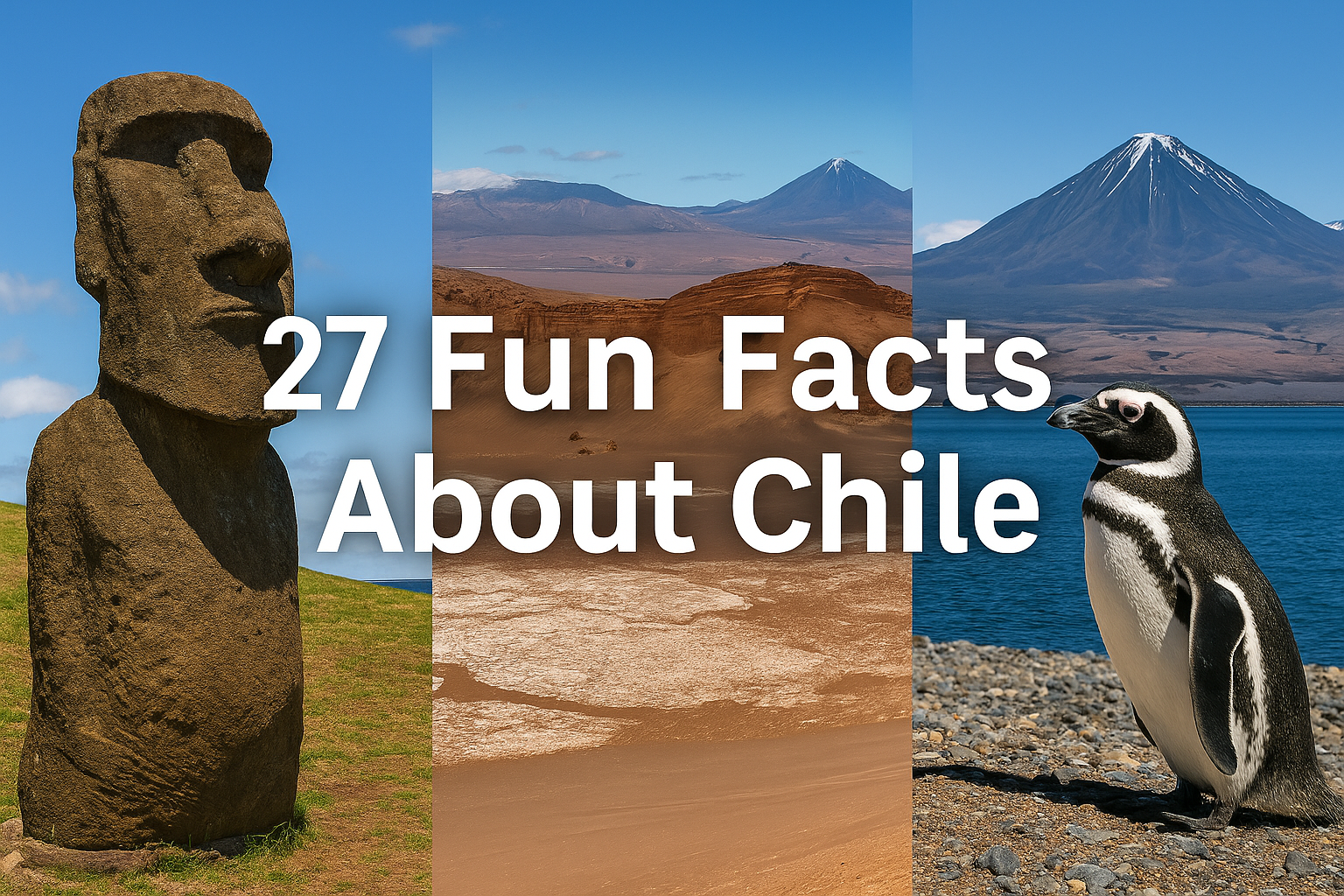 Moai statues, mountains, magellanic penguins.