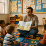 A primary school teacher teaching a group of kids.