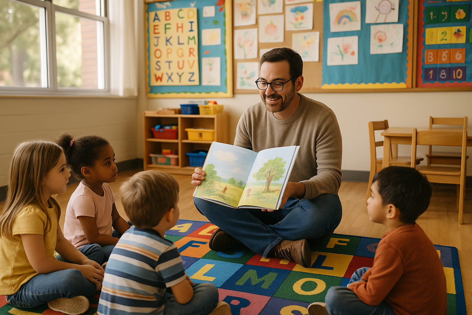 A primary school teacher teaching a group of kids.