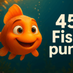 Animated fish with big eyes, smiling.