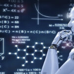 A robot in thinking pose with hand under the chin with before a blackboard with mathematical equations.