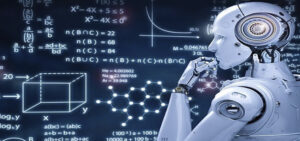 A robot in thinking pose with hand under the chin with before a blackboard with mathematical equations.