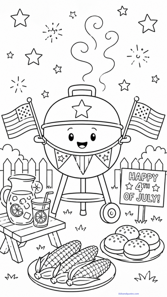 Free printable coloring page: BBQ grill with stars and little flags around it.