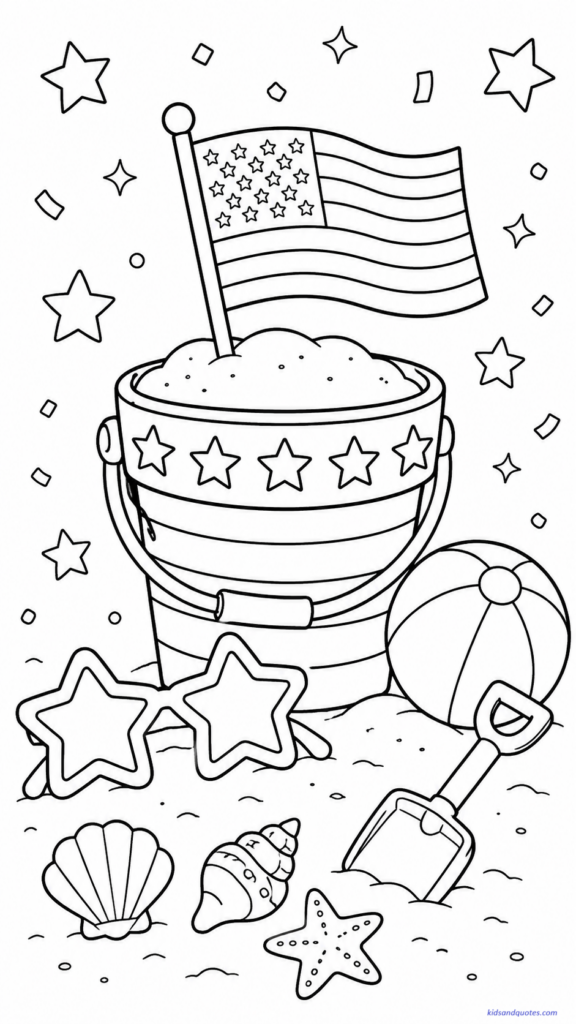 Beach bucket with stars, flags, and sunglasses.
