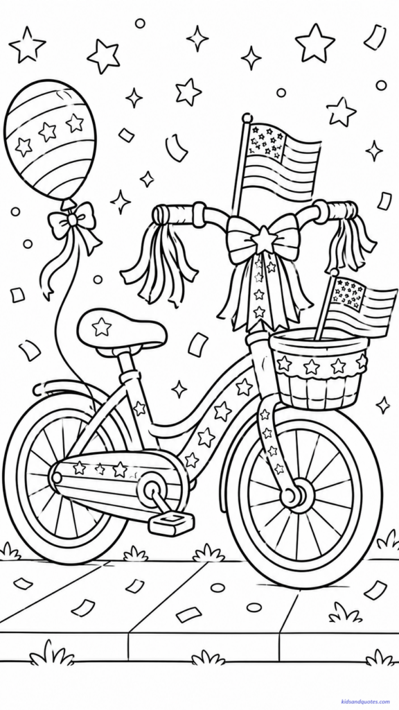 American Independence Day Coloring Page: Bicycle with patriotic streamers.