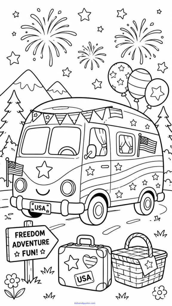 Camper van decorated for a 4th of July road trip.