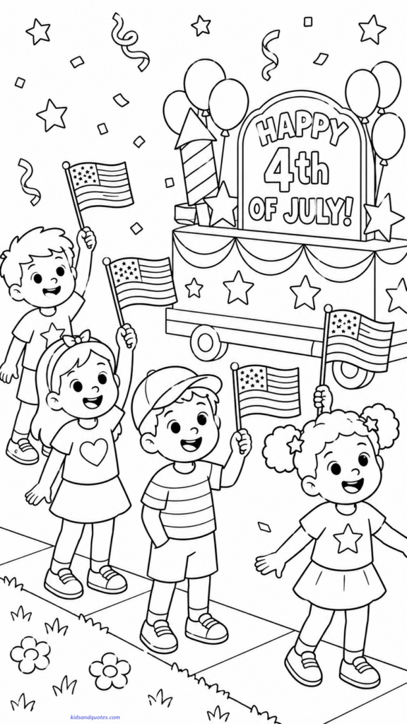 Fourth July coloring pages: Children waving flags at a parade.