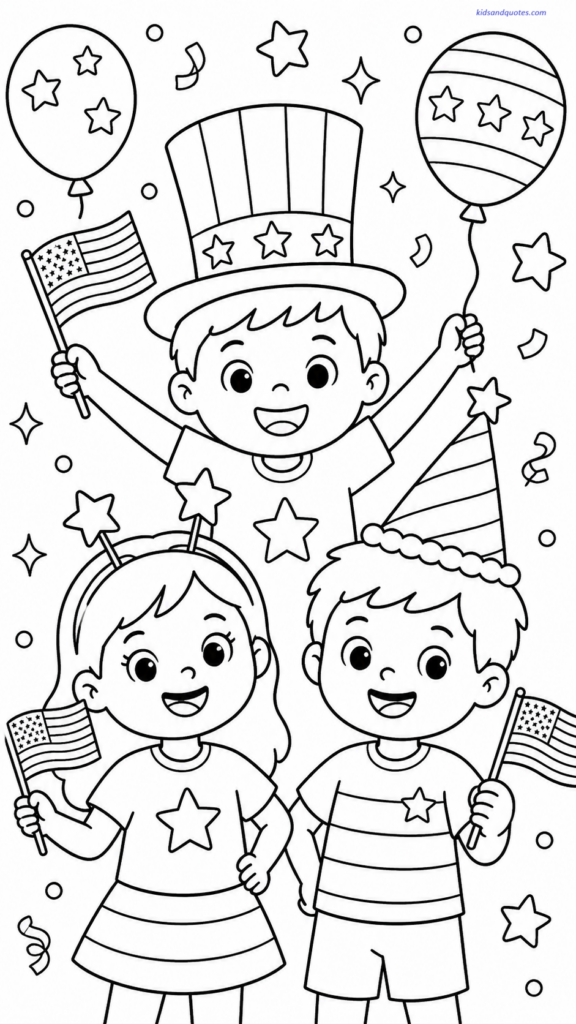 Children wearing patriotic hats and smiling.