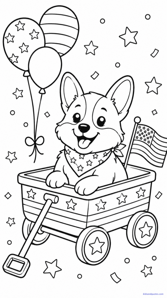 Coloring page of Corgi riding in a little patriotic wagon.