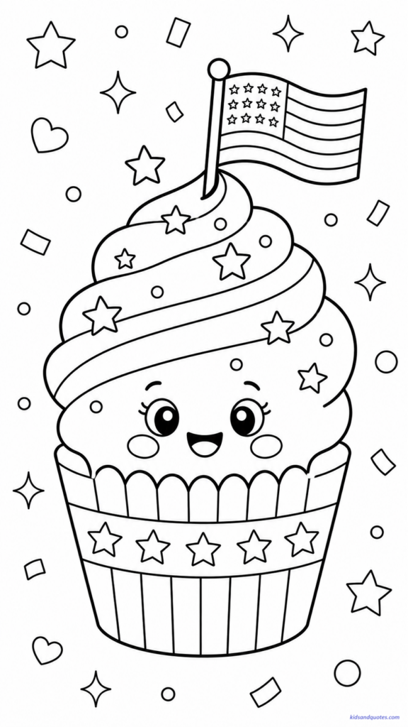 Coloring Page: Cupcake with stars and a tiny flag topper.