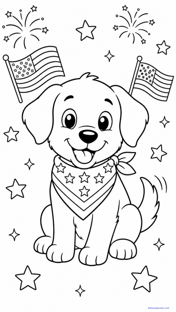 Fourth of July Coloring Page: Cute puppy wearing a star-spangled bandana.