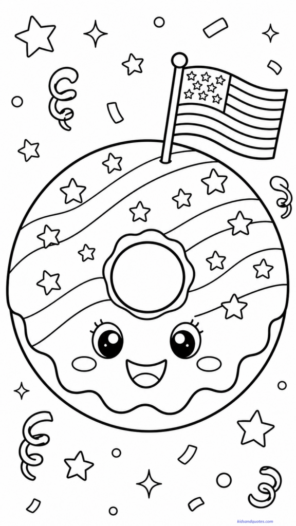 July 4th coloring page: Donut decorated with stars and stripes.