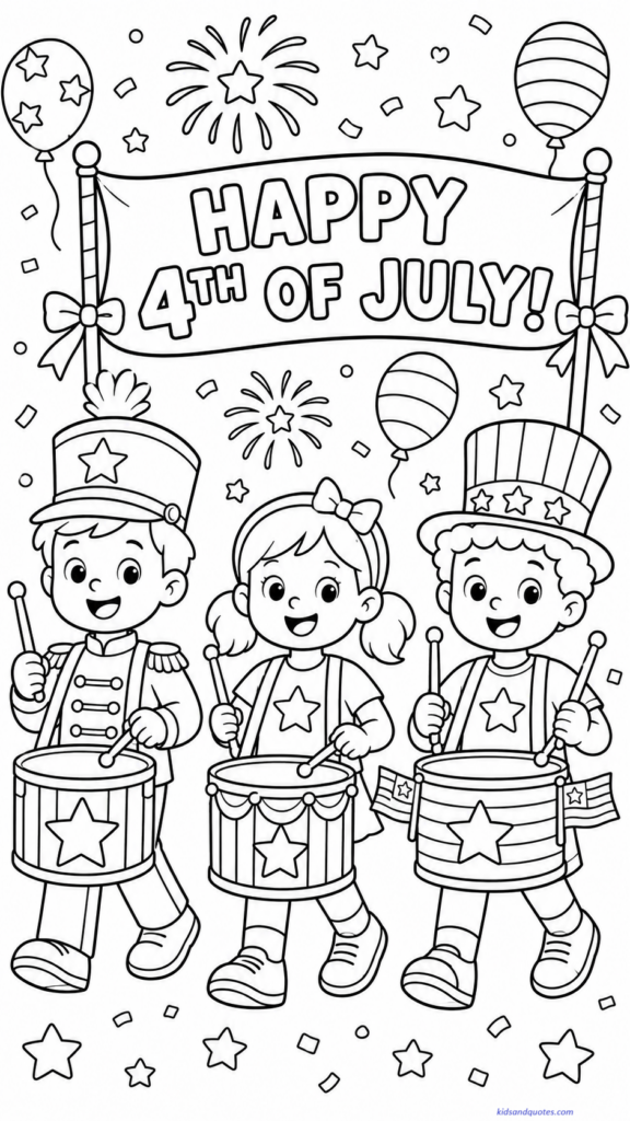 July 4th Coloring Page: Drumline with star decorations.