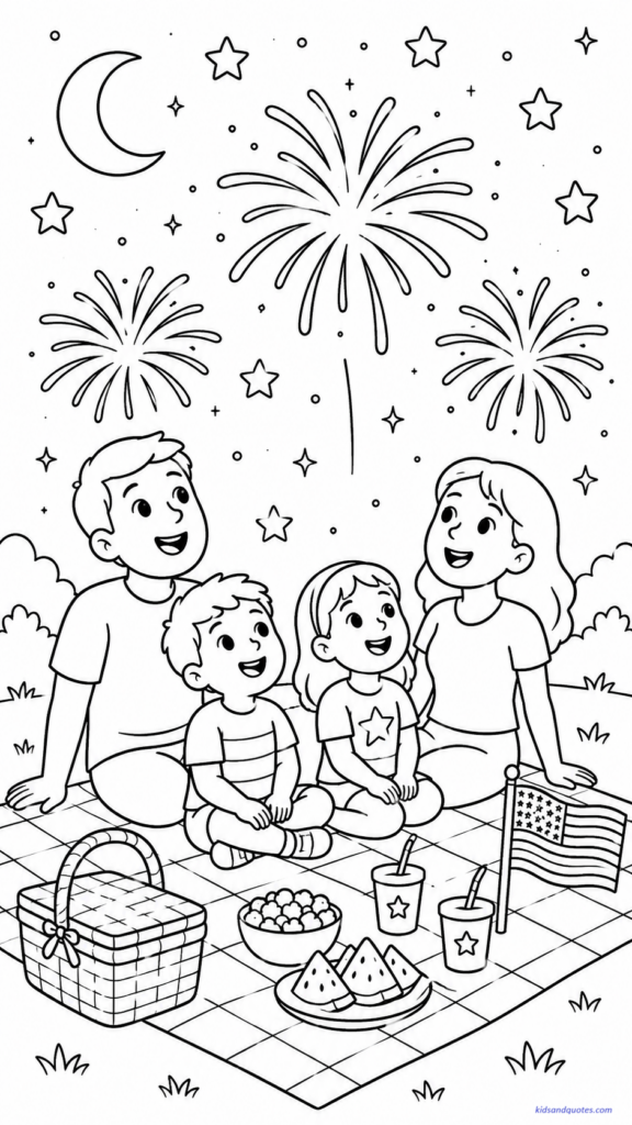 Fourth of July coloring page: Family sitting on a blanket under the night sky.