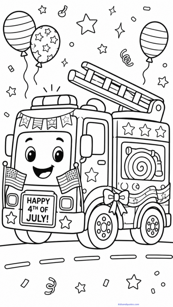 American Independence Coloring Pages: Firetruck with flags and balloons.