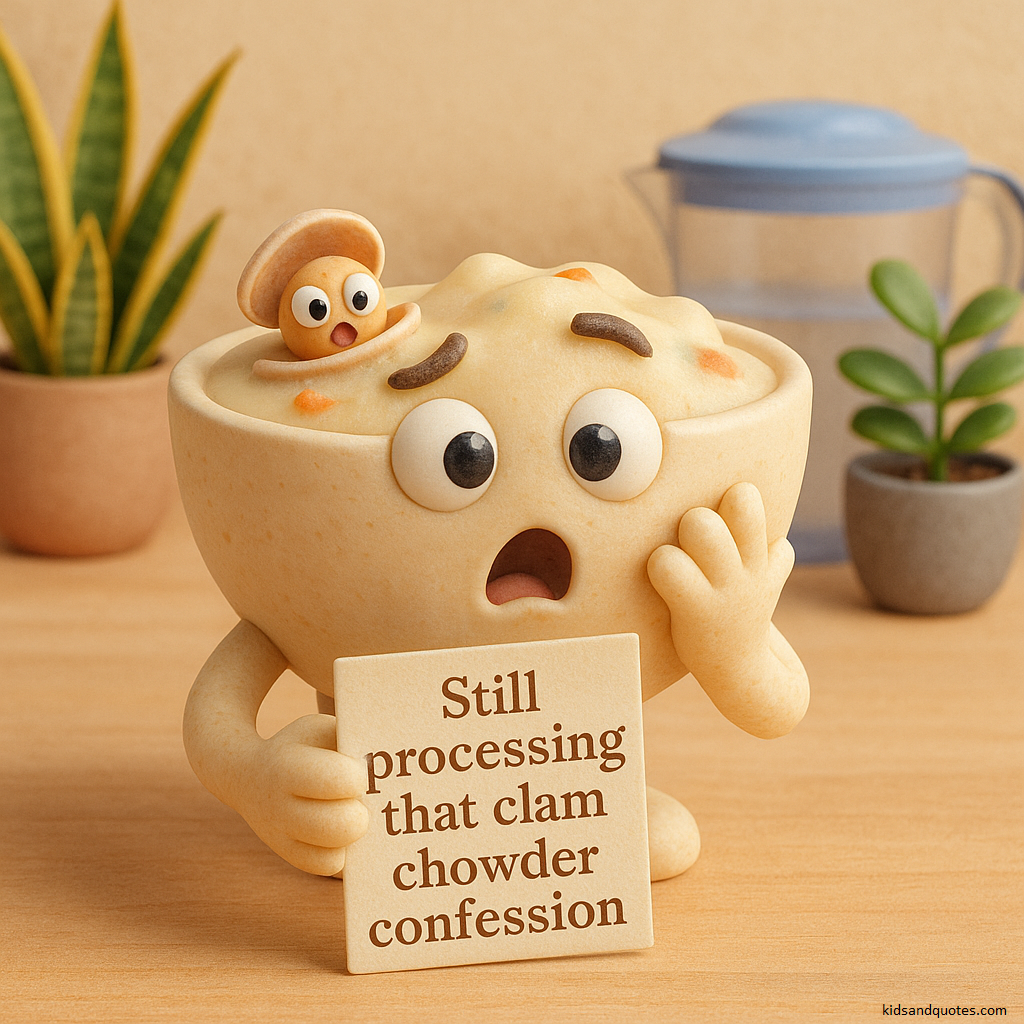 3D Pixar animation styled fish pun for instagram, tik tok, facebook - Gimme a moment - I'm still processing that calm chowder confession.