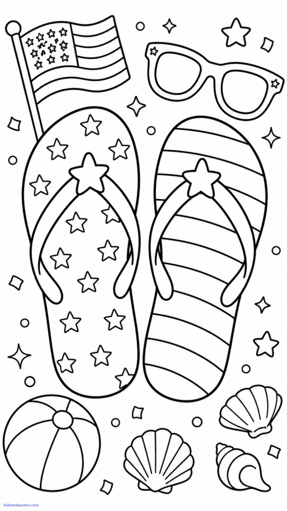 Free printable coloring page: Flip-flops with stars and stripes.