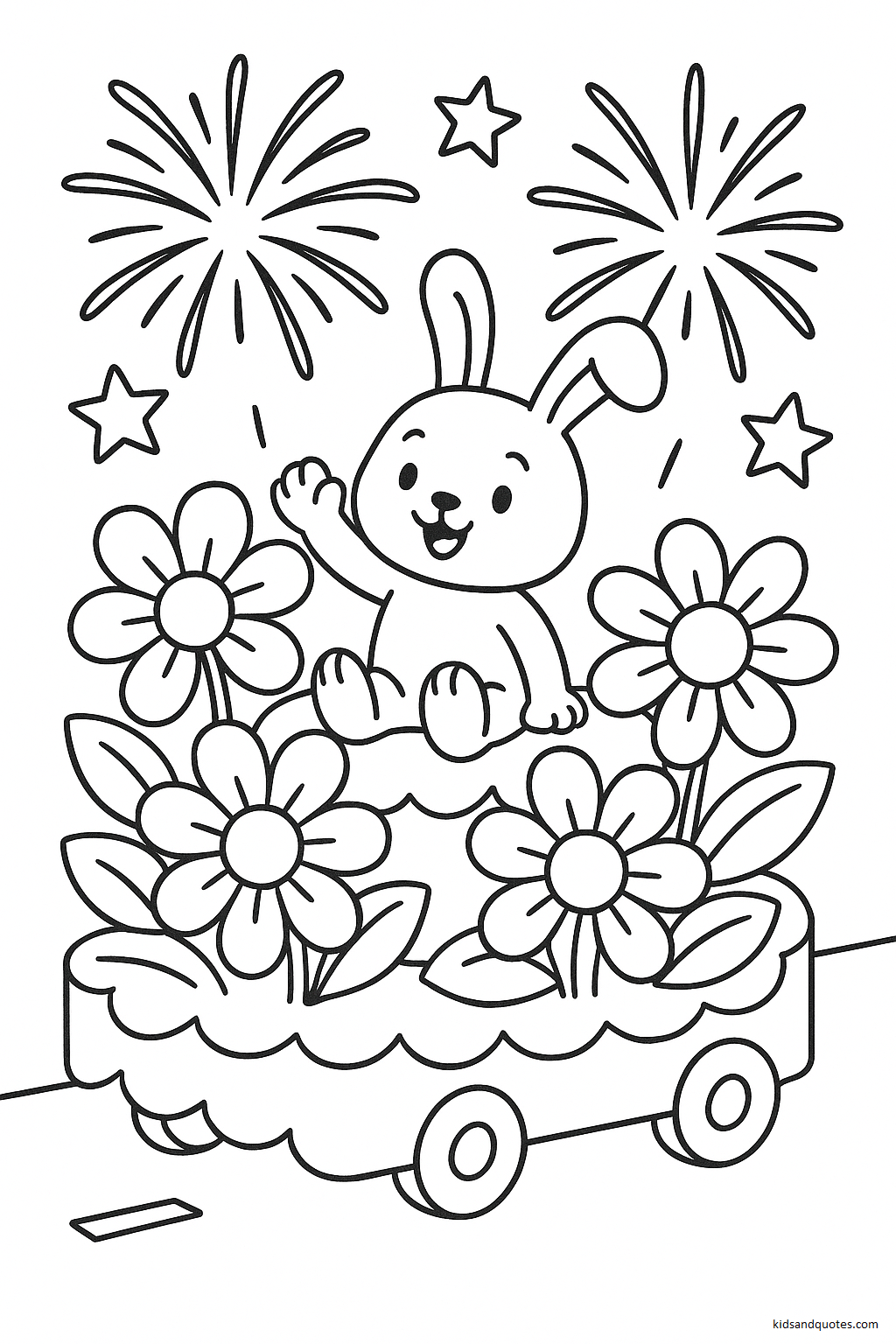 A happy bunny riding in a festive parade.