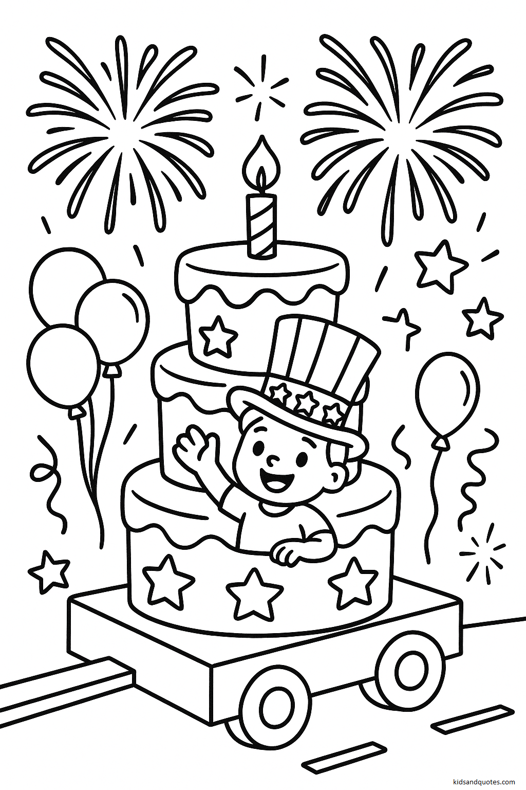Coloring page - A cheerful child riding in a giant birthday cake float, complete with a candle on top and star decorations all around.