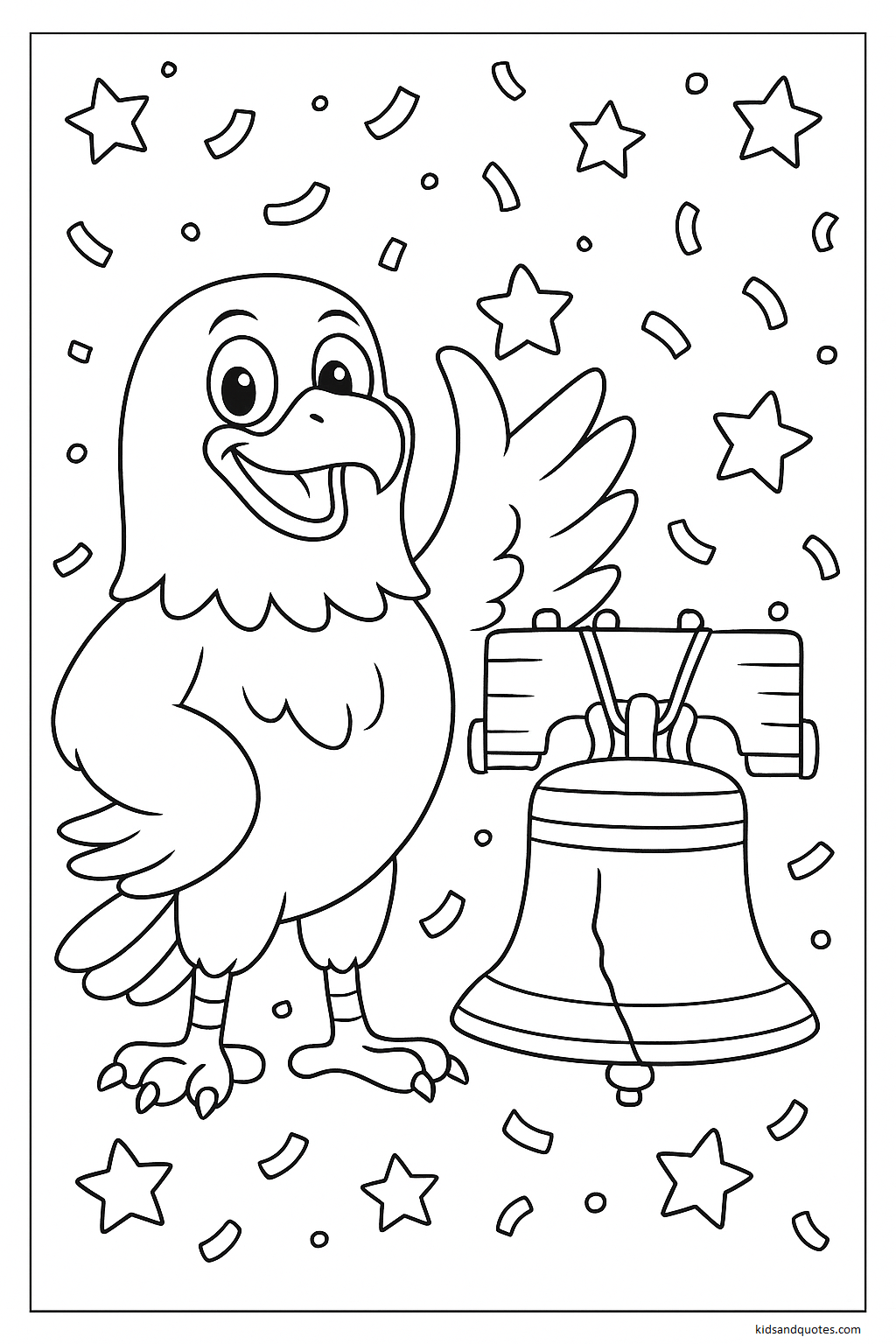 Bald Eagle, liberty bell, confetti flying - coloring page PDF.