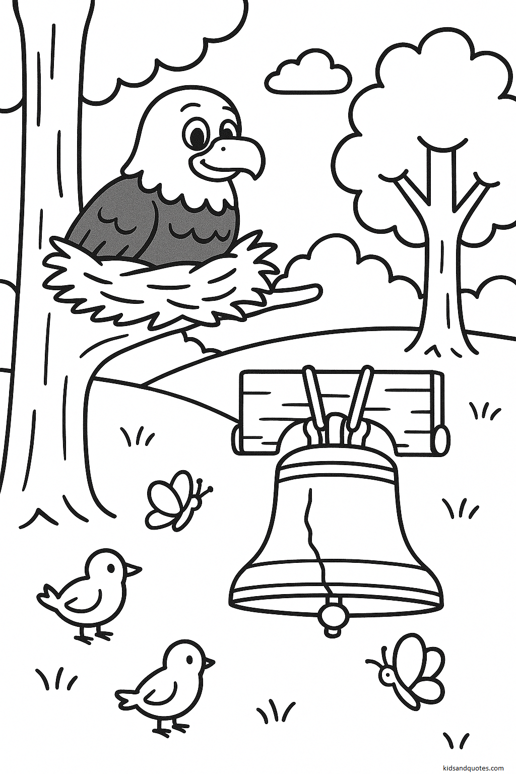 Bald Eagle in a meadow, little birds and butterflies below - Independence Day coloring page for kids
