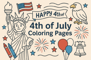 Illustrated featured image for a blog post titled "4th of July Coloring Pages," showing the Statue of Liberty holding crayons, a bald eagle, fireworks, American flag, Liberty Bell, and balloons. The text "Happy 4th of July" and "4th of July Coloring Pages" appears in bold, playful fonts on a beige background with red, white, and blue accents.