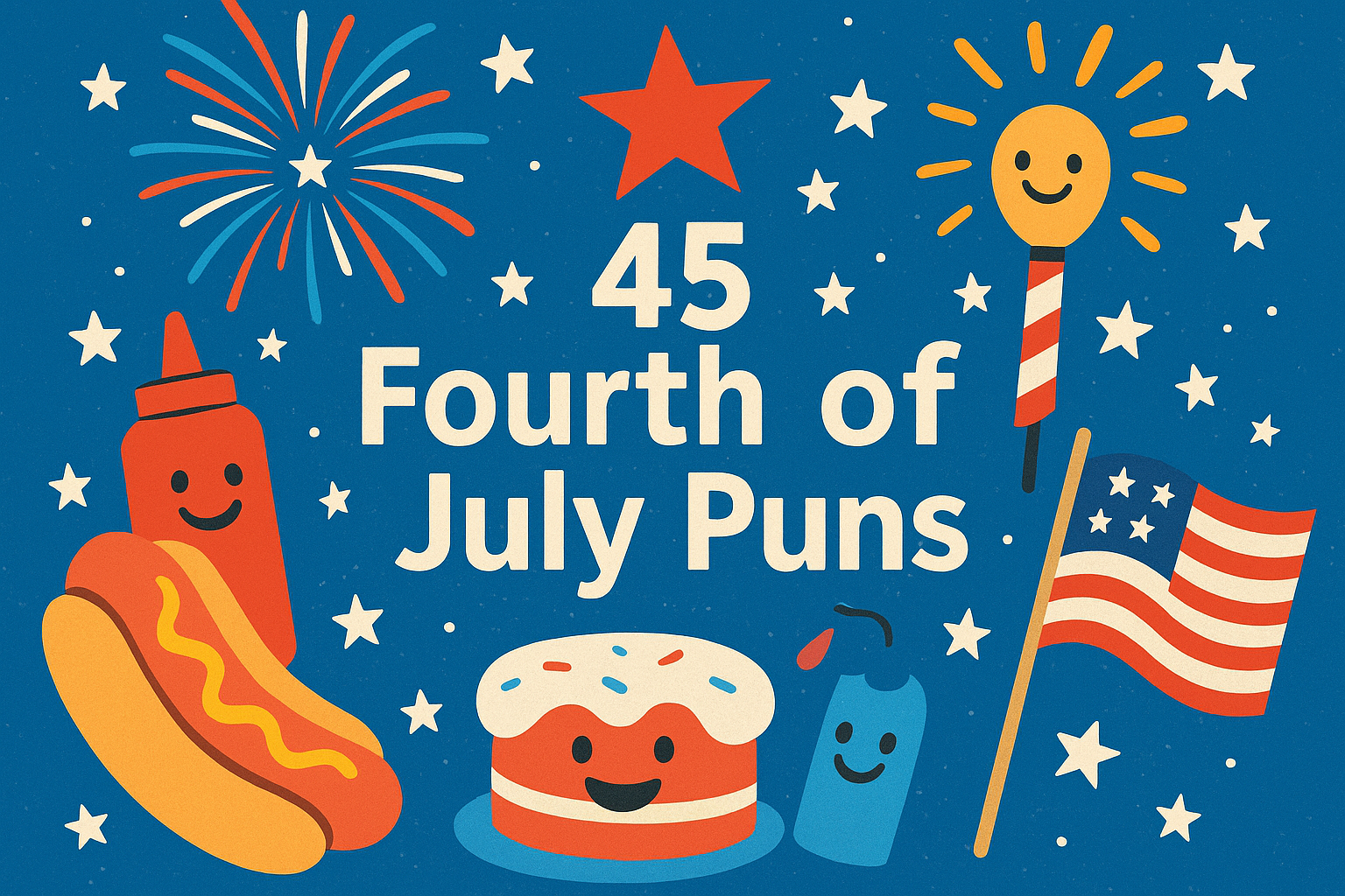 Fourth of July Puns - Burgers, ketchup, fireworks, American flag, stars, celebration etc.