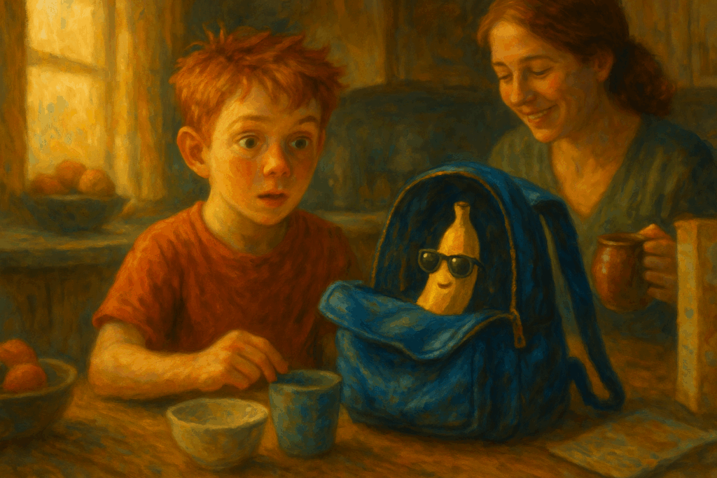 A funny short story - A young red-haired boy, around 8 or 9 years old, with a curious expression, a kind-looking mom in casual clothes pours fresh coffee into a mug, smiling calmly, a bit amused but not surprised.