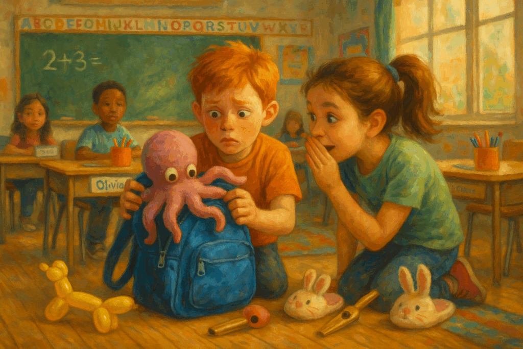 A red-haired boy (Mason) with a startled, embarrassed look is kneeling beside his shiny blue backpack, trying to shove a stuffed octopus back inside.
Next to him, his best friend Olivia a lively girl with a ponytail and expressive eyes crouches close, whispering with an amused, shocked expression. 
