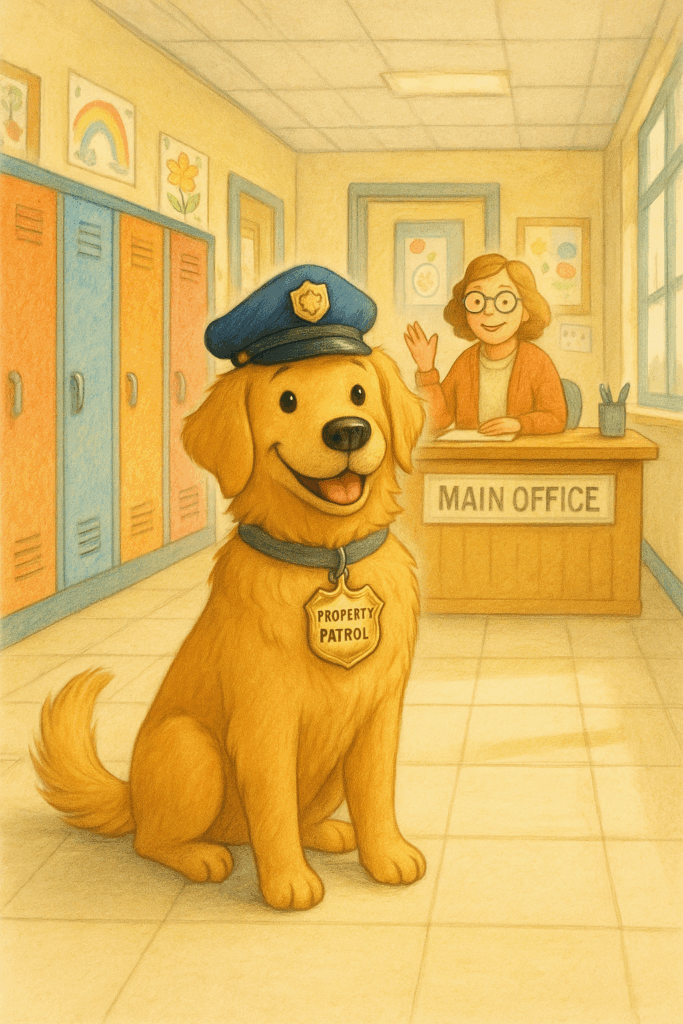 Officer Barkley, a Golden Retriever sitting at the office of the school.