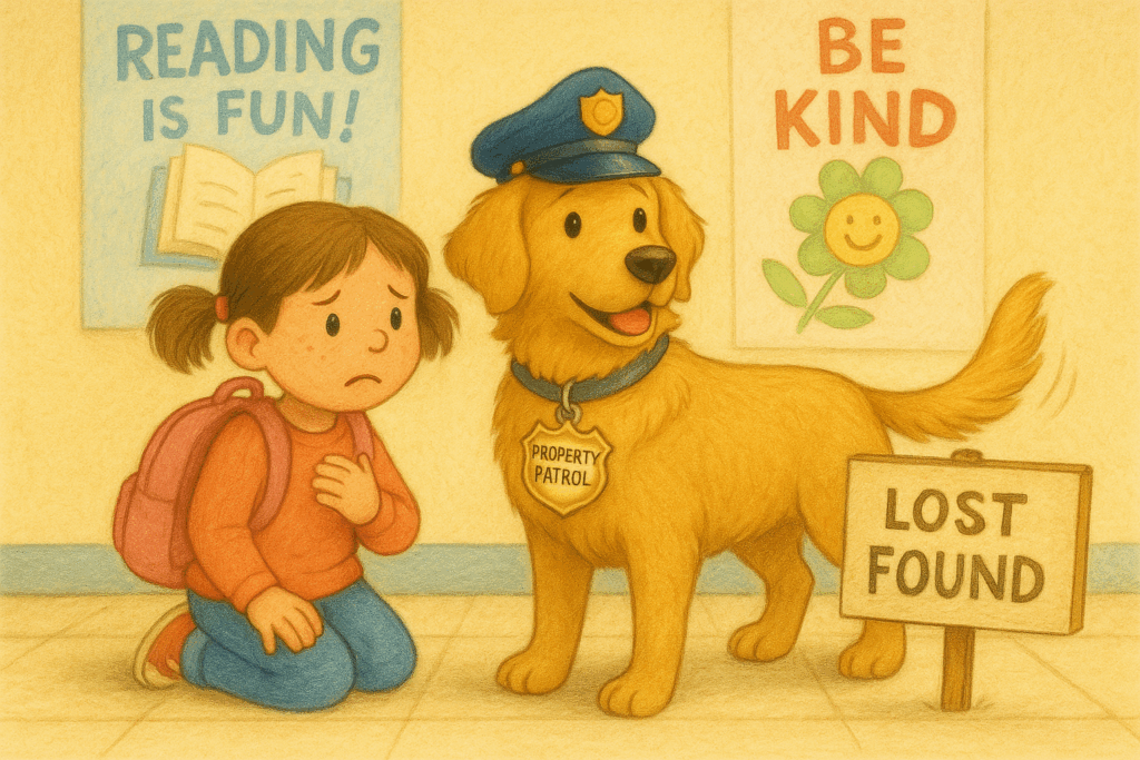 A little girl in the school along with the Property Patrol Officer (a golden retriever dog).