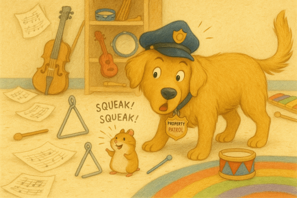 A funny short story - Officer Barkley, the golden retriever, has his nose near a small squeaking hamster standing proudly beside a tiny toy triangle and a toy drum.