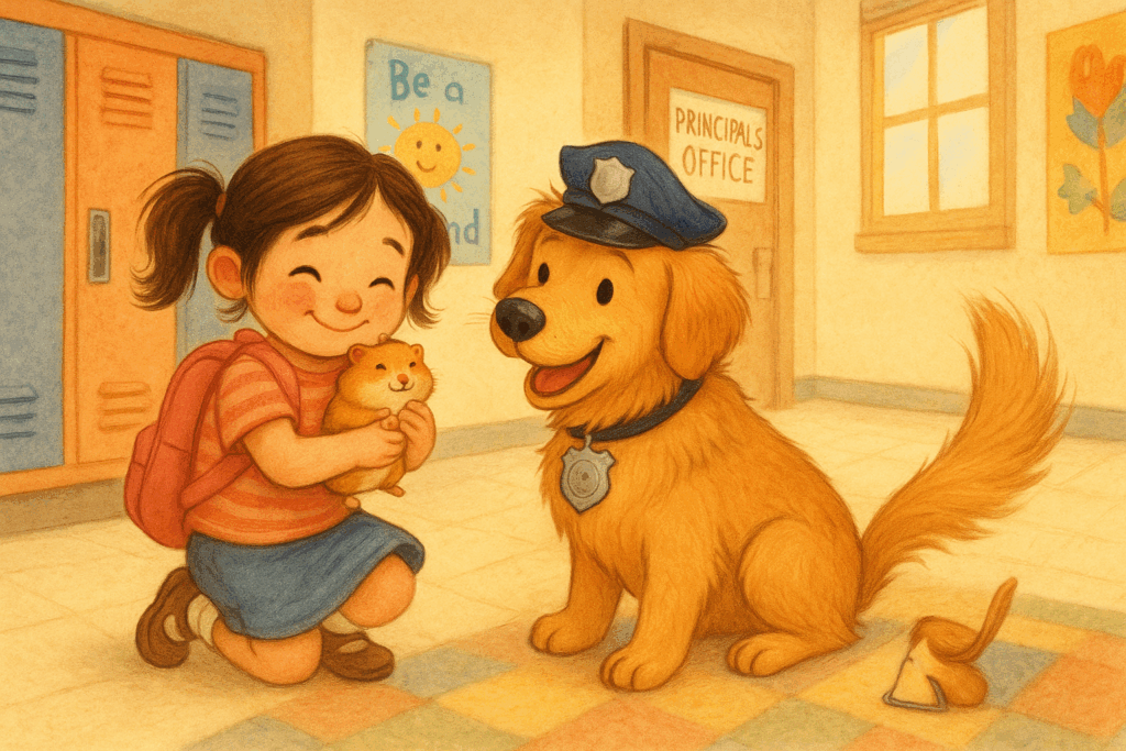 Outside the principal’s office: a happy first-grade girl hugging her tiny hamster close, smiling at Officer Barkley who sits with his police hat fallen slightly to the side.