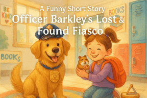 A little school girl sitting near a golden retriever holding a hamster.