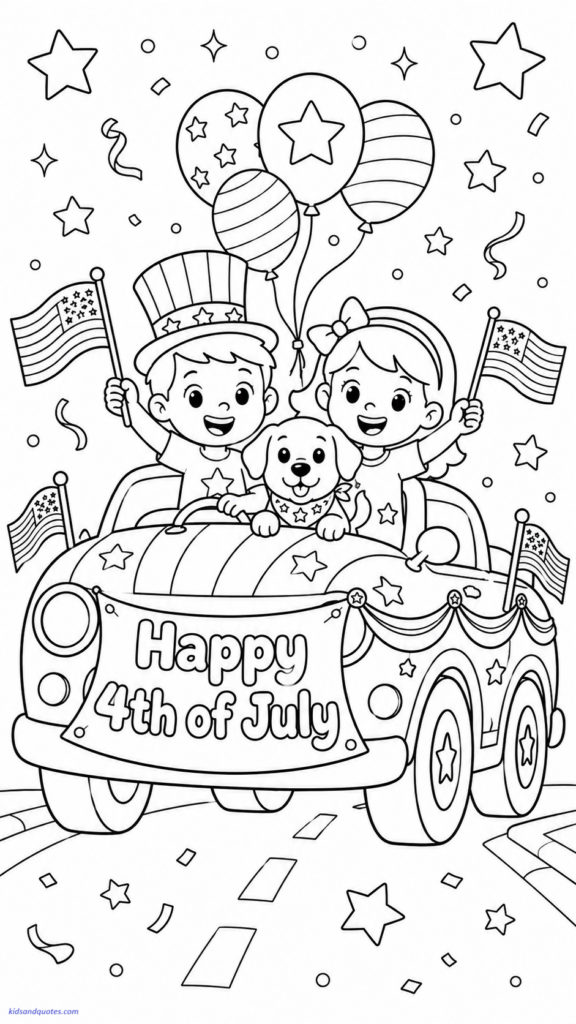 Parade car with balloons and flags.