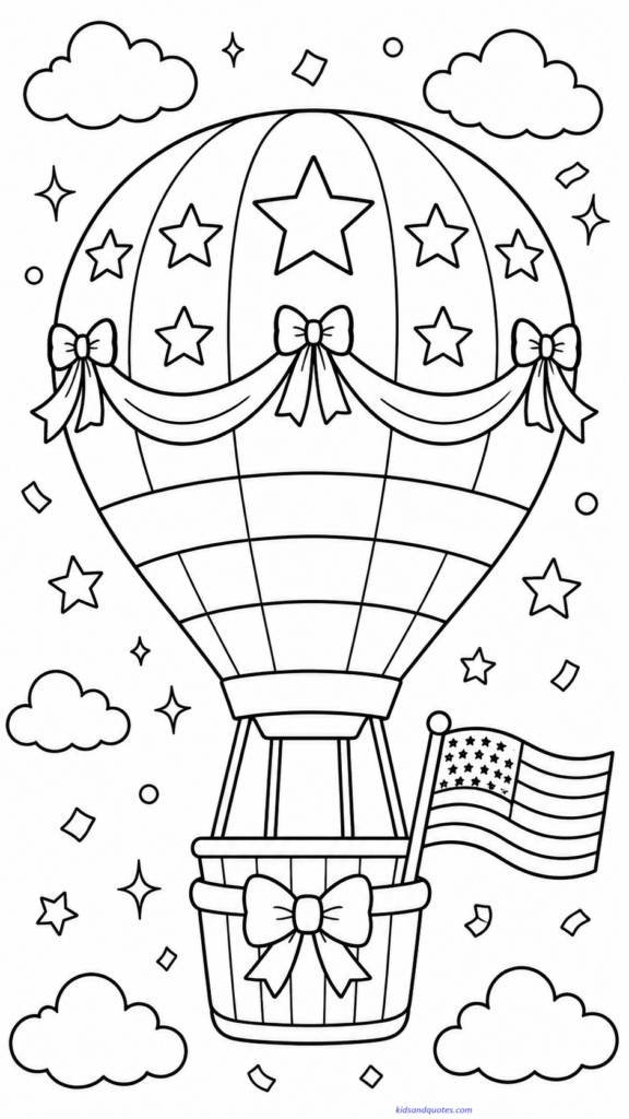 Coloring page: Hot air balloon with stars and stripes.