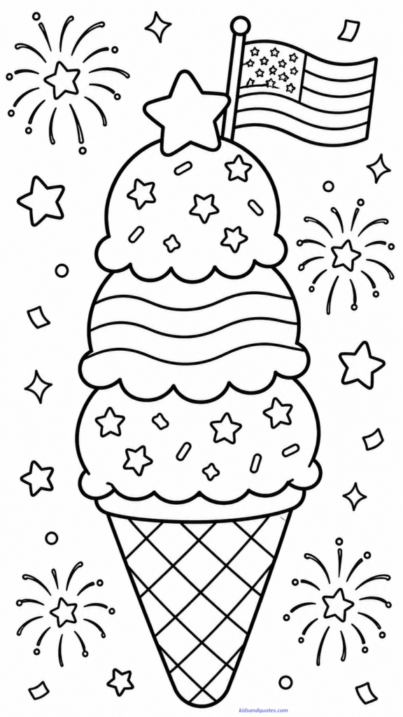 July 4th Coloring Page: Ice cream cone with star sprinkles.


