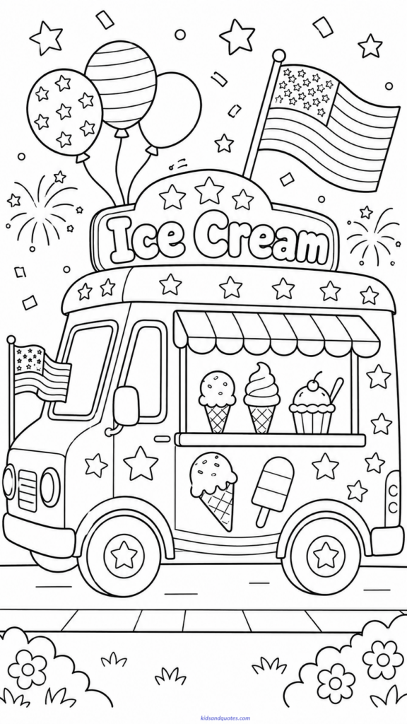 Coloring Page Printable: Ice cream truck decorated for July 4th.