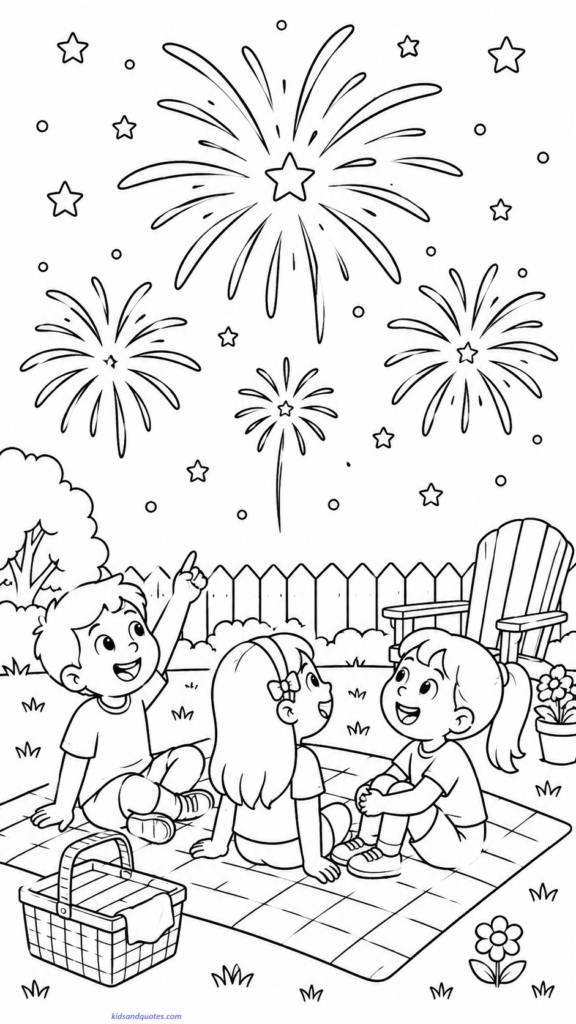 Free printable coloring page PDF: Kids watching fireworks from the backyard.