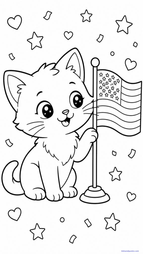 Kitten sitting beside a mini American flag.