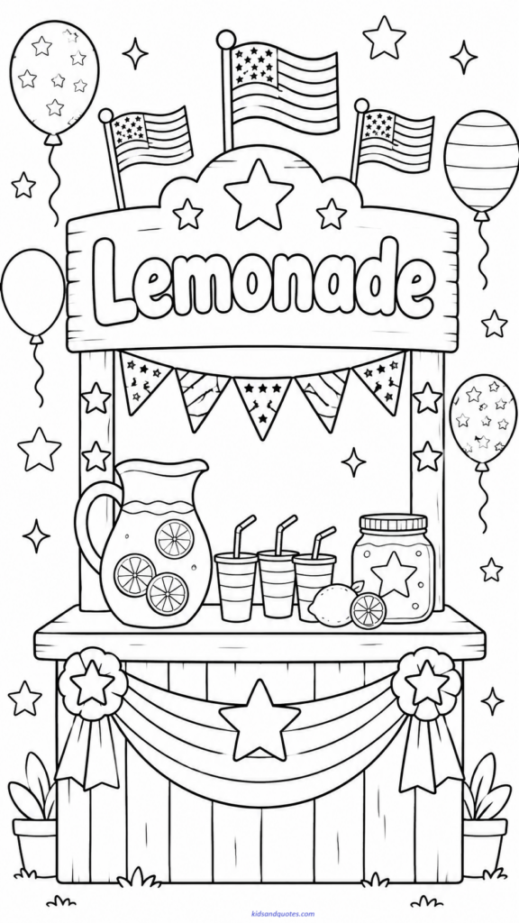 July 4th Coloring Page: Lemonade stand decorated for Independence Day.