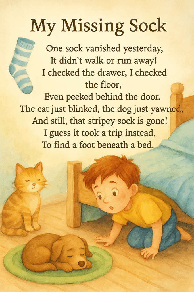My Missing Sock - an easy to remember eight line poem for kids